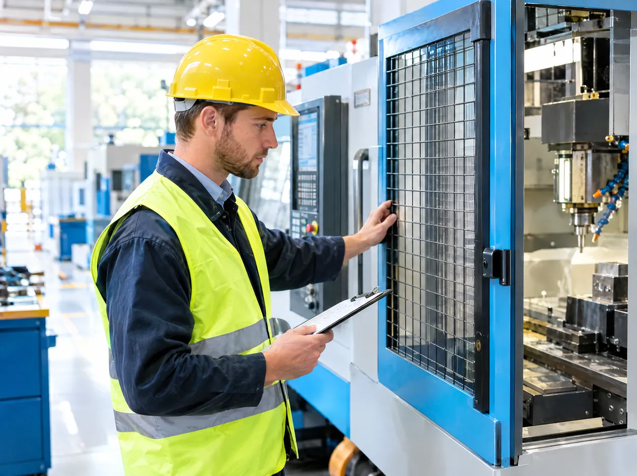 Baretli iş güvenliği uzmanı CNC tezgâhının koruyucu kapağını kontrol listesiyle denetliyor