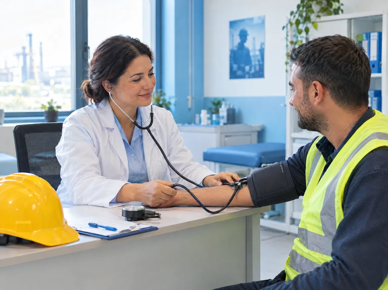 İşyeri hekimi revirde yelekli bir çalışanın tansiyonunu ölçüyor